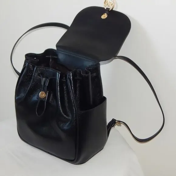 cheryl medium leather drawstring backpack Michael Kors CHERYL Leather Drawstring Flap Logo Medium Backpack Black NWT